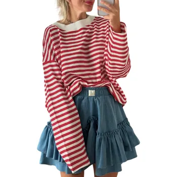 Dámské oblečení Pruhované oversized tričko s dlouhým rukávem Módní volný střih Ležérní streetwear top Pohodlné nošení pro každodenní outfit červená M