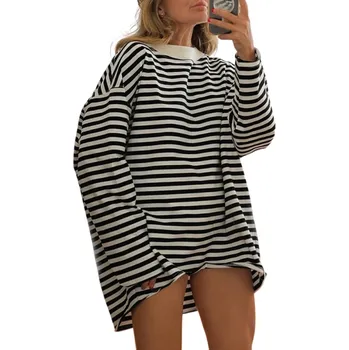 Dámské tričko Pruhované oversized tričko s dlouhým rukávem Módní volný střih Ležérní streetwear top Pohodlné nošení pro každodenní outfit černá L