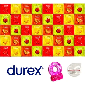Kondom Durex Fruity Mix Package - 40 Durex Condoms + SuperLove Vibrating Ring + Sagami Original 0.01 L as a Gift