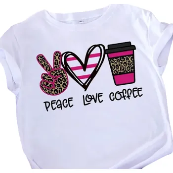 Dámské tričko Bílé dámské tričko s potiskem Peace Love Coffee Stylový top s motivem kávy srdce a leoparda Krátký rukáv Vtipný módní design pro ženy XS