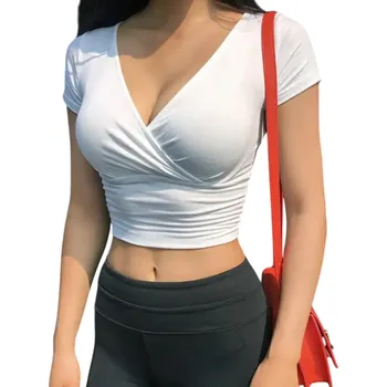 Dámské tričko Dámské crop tričko s výstřihem do V Krátký přiléhavý top Elegantní tričko s krátkým rukávem pro volný čas Fitness Letní oblečení bílá XL