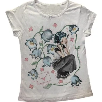Dětská móda Bílé bavlněné dívčí tričko s anime potiskem Poslouchající dívka Květiny Dopis Roztomilé ilustrace Kulatý výstřih Krajkový lem L