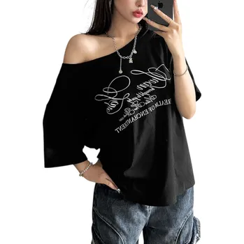 Dámské tričko Volné tričko s potiskem pro volný čas Módní oversize střih Sklouzlý výstřih Bavlněný materiál Stylový streetwear Outfit do města černá M