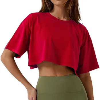 Dámské oblečení Krátké dámské tričko s volnými rukávy Módní crop top volného střihu Elegantní tričko do pasu Stylové letní oblečení pro ženy červená M