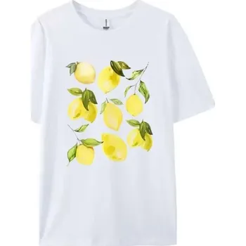 Dámské tričko Bílé dámské tričko s potiskem citronů Krátký rukáv Kulatý výstřih Letní top s ovocným motivem Ležérní styl pro každodenní nošení M