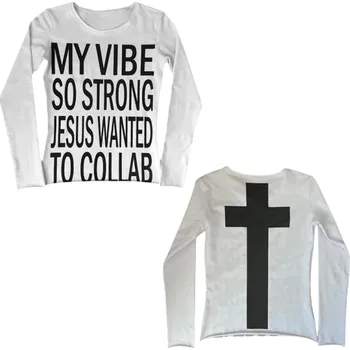 Dámské tričko Dámské tričko s dlouhým rukávem Kulatý výstřih Streetwear s křesťanským motivem Kříž na zádech a potisk vpředu Originální styl bílá L