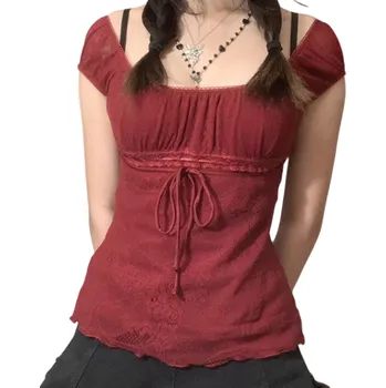 Dámské oblečení Dámské top tričko s krajkovými detaily Krajkové rukávy Šněrování v pase Elegantní halenka s výstřihem ke krku Pro volný čas i večer červená XS