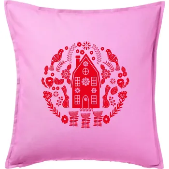 Polštář Domov se zajíci folklór - Polštář 50x50 - 50x50 - Pouze potah ( Růžová )