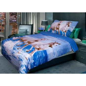 Povlečení Aaryans 3D 2 koně modré 140 x 200, 70 x 90 cm zipový uzávěr