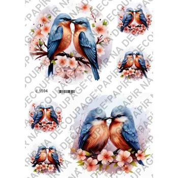 Umělecký papír Rýžový a soft papír na decoupage - Ptáček s květinou - KB01594 Materiál: Soft, Rozměr: A4