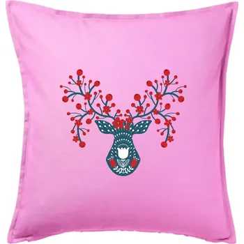 Polštář Folklor - jelen s červenými plody - Polštář 50x50 - 50x50 - Včetně výplně ( Růžová )