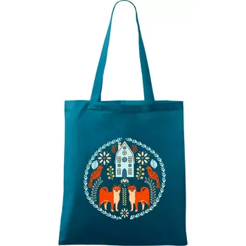 Nákupní taška Domov a liška folklór - Taška bavlněná - 42 x 38 cm ( Petrolejová )