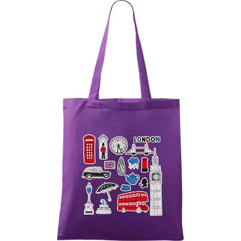 Velká Británie - kreslené ikonky - Taška bavlněná - 42 x 38 cm ( Fialová )