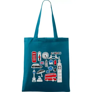 Velká Británie - kreslené ikonky - Taška bavlněná - 42 x 38 cm ( Petrolejová )