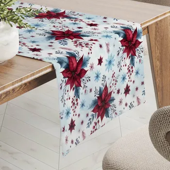 ubrus Saténový běhoun na stůl LUP-506 Vánoční hvězdy na ledově modrém 20x120 cm