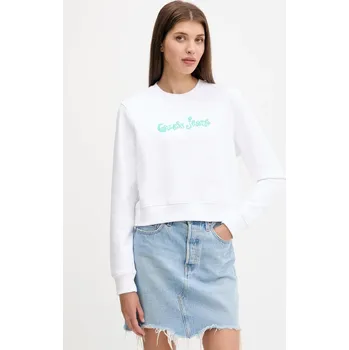 Dámská mikina Bavlněná mikina Guess Jeans dámská, bílá barva, s potiskem, W5YQ15 K68I4 W5YQ15.K68I4 00X, vel. L