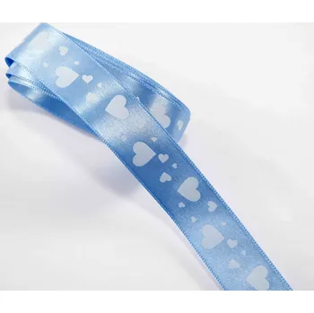 Stuha Saténová stuha se srdíčky - modrá, bílá - šíře 2 cm