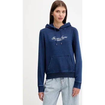 Dámská mikina Bavlněná mikina Guess Jeans dámská, tmavomodrá barva, s kapucí, s aplikací, W5YQ11 KCXQ1 W5YQ11.KCXQ1 59X, vel. L