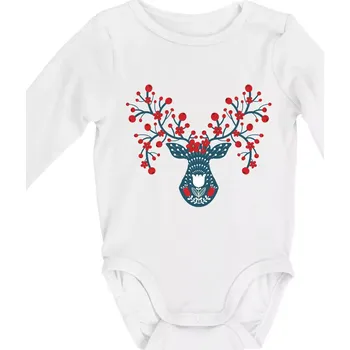 Kojenecký body Folklor - jelen s červenými plody - Body kojenecké s dlouhým rukávem - Dlouhý r. do 3 měs ( Bílá )
