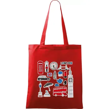 Nákupní taška Velká Británie - kreslené ikonky - Taška bavlněná - 42 x 38 cm ( Červená )