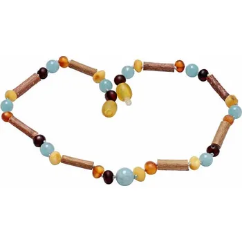 Náhrdelník Jantarové korálky pro děti satinované multicolor s akvamarínem a lískovým dřevem délka cca 32 cm