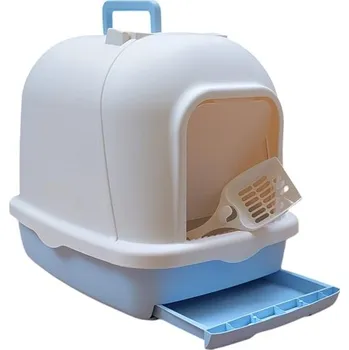 Toaleta pro kočku Krytá toaleta pro kočky s roštem a dvojitým dnem modrá - 45x52x40cm