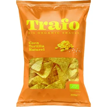 Slaná pochutina Trafo | Bio Tortilla chipsy Obsah: 200 g doplněk k dipům, jako jsou guacamole, salsa a sýrové omáčky