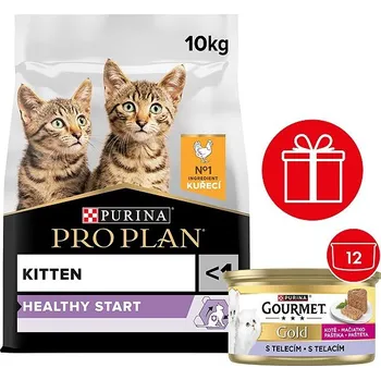 Krmivo pro kočku Pro Plan Cat Kitten Healthy Start s kuřetem 10 kg + Gourmet Gold Kitten paštika s telecím 12 × 85 g