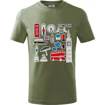 Velká Británie - kreslené ikonky - Tričko dětské bavlněné - 146 cm/10 let ( Khaki )