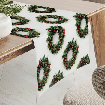 ubrus Saténový běhoun na stůl LUP-508 Vánoční věnečky na bílém 35x120 cm