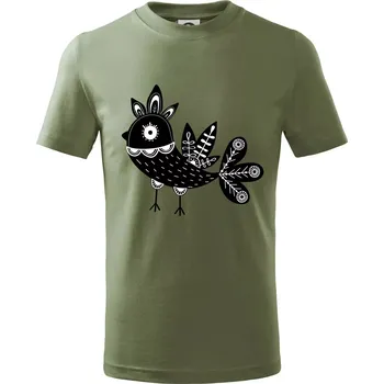Ptáček černobílý folklór - Tričko dětské bavlněné - 104-110cm / 3-4 roky ( Khaki )