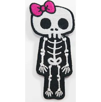 Nažehlovací záplata - kostlivec s růžovou mašlí - rozměr 10 cm x 4 cm - stříbrný