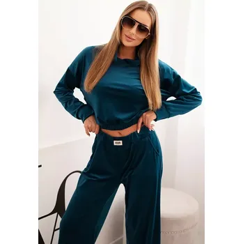 Kesi Włoski Dámský komplet z veluru se širokými nohavicemi a mikinou s kapucí mořská Kesi Włoski tyrkysová 3379293