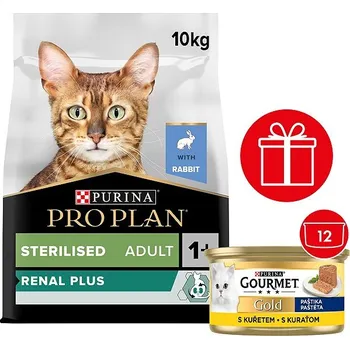 Pro kočku Pro Plan Cat Sterilised Renal Plus s králíkem 10 kg + Gourmet Gold paštika s kuřetem 12 x 85 g