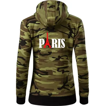 Dámská mikina Paris nápis Eiffelova věž - Dámská mikina trendy zipper s kapucí - S ( Zelený maskáč )