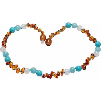 Náhrdelník Jantarové korálky pro děti koňakové s tyrkysem, achátem a akvamarínem cca 32 cm