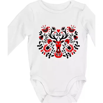 Kojenecký body Folklor - Červený jelen - Body kojenecké s dlouhým rukávem - Dlouhý r. do 3 měs ( Bílá )