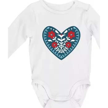 Folklor - srdce modré plné - Body kojenecké s dlouhým rukávem - Dlouhý r. do 3 měs ( Bílá )