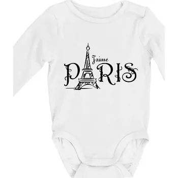Kojenecký body Paris nápis Eiffelovka rovný - Body kojenecké s dlouhým rukávem - Dlouhý r. do 3 měs ( Bílá )