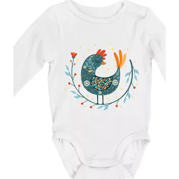 Folklor - slepice s kopretinou - Body kojenecké s dlouhým rukávem - Dlouhý r. do 3 měs ( Bílá )