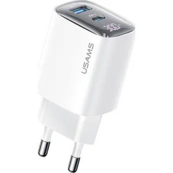 USAMS CC229 rychlonabíjecí adaptér s displejem a porty USB-C / USB-A - 30W - bílý
