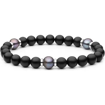 Náramek ANNA PERLY Módní unisex onyxový náramek s pravými šedými perlami a ocelovými prvky