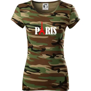 Dámské tričko Paris nápis Eiffelova věž - Dámské maskáčové triko - XS ( Hnědý maskáč )