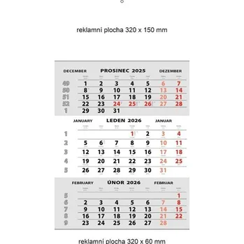 Kalendář Tříměsíční nástěnný kalendář 2026 šedý STANDARD (- akční cena jen do vyprodání zásob -)