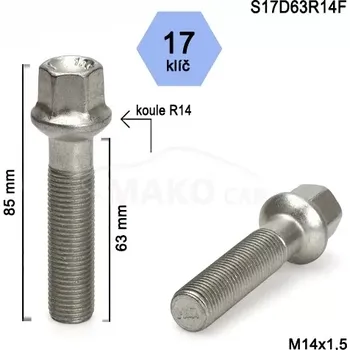 Šroubek na kolo Kolový šroub M14x1,5x63mm, dosedací plocha koule R14, klíč 17, pozink (Šroub na kola)