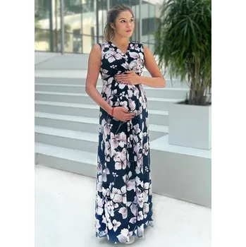 Těhotenské šaty Mama L'amour Dlouhé těhotenské a kojící šaty 3v1 Annie modré s bílými květy Velikost: M