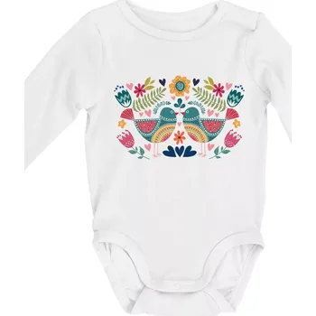Folklor - dva barevní ptáčci - Body kojenecké s dlouhým rukávem - Dlouhý r. do 3 měs ( Bílá )
