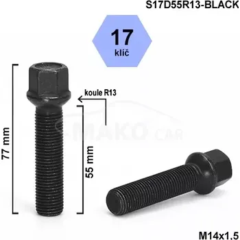 Šroubek na kolo Kolový šroub M14x1,5x55mm, dosedací plocha koule R13, klíč 17, černý (Šroub na kola)