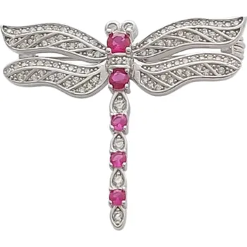 Brož Stříbrná brož vážka s červenými kameny – symbol lehkosti a proměny