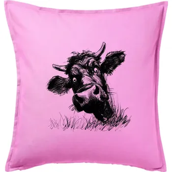 Polštář Černobílá karikatura černá kráva hlava - Polštář 50x50 - 50x50 - Pouze potah ( Růžová )
